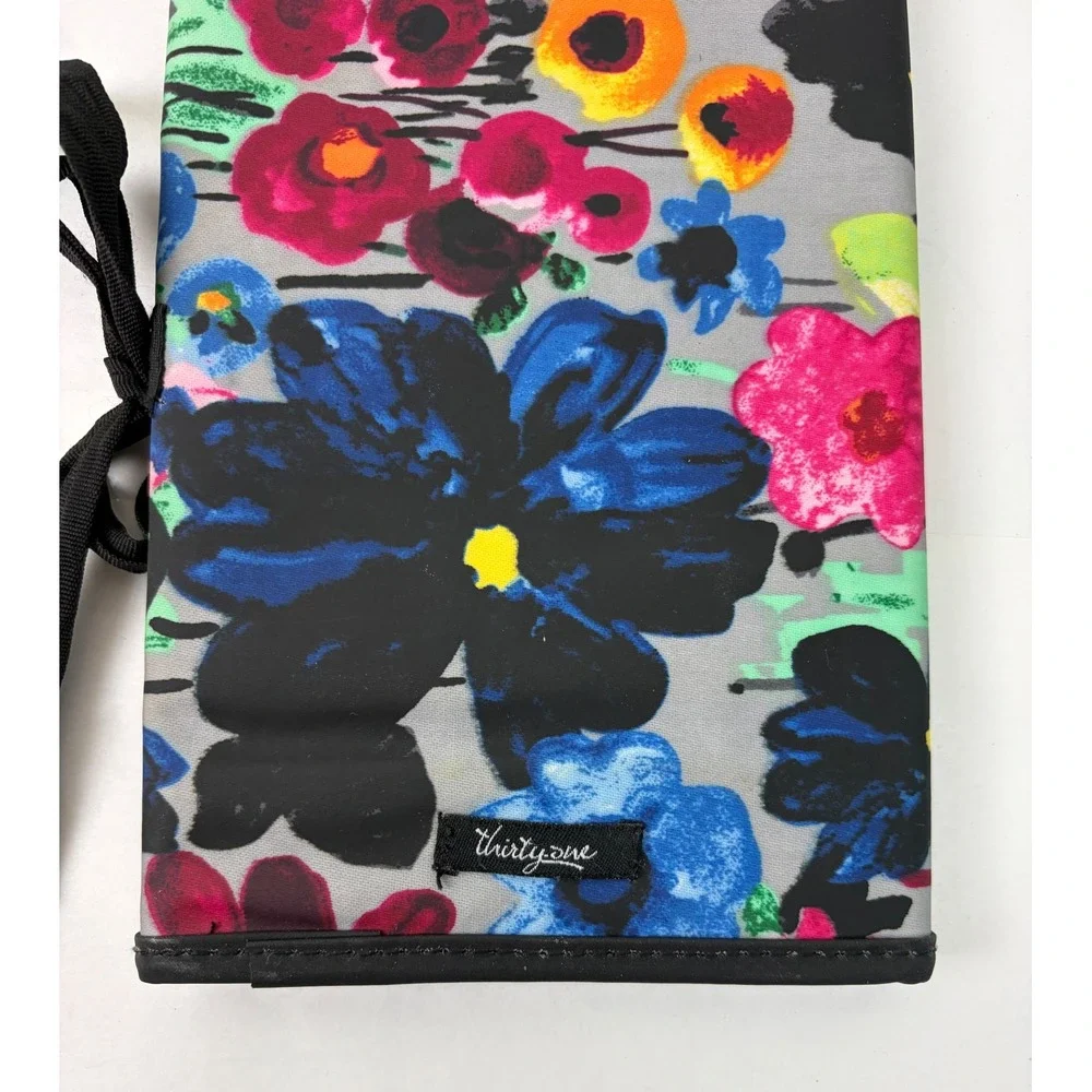 Thirty One Jewelry Travel Organizer Makeup Gray Floral Ribbon Tie Portable Wrap